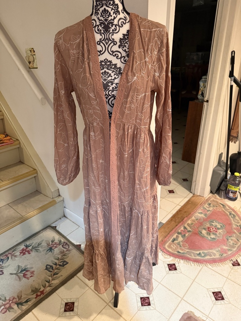 Isaac Mizrahi Dusty Rose Floral-Embroidered Open Front Maxi Dress